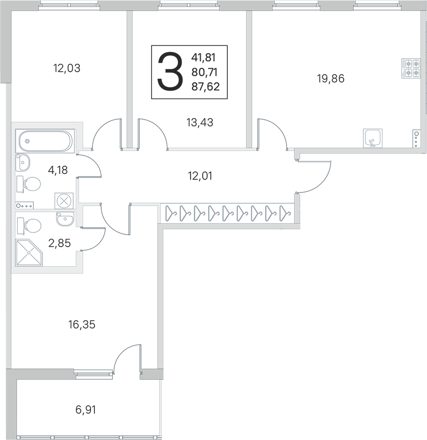 3-комнатная квартира 80.71 м², 2/4 эт., ЖК «Любоград в Стрельне»